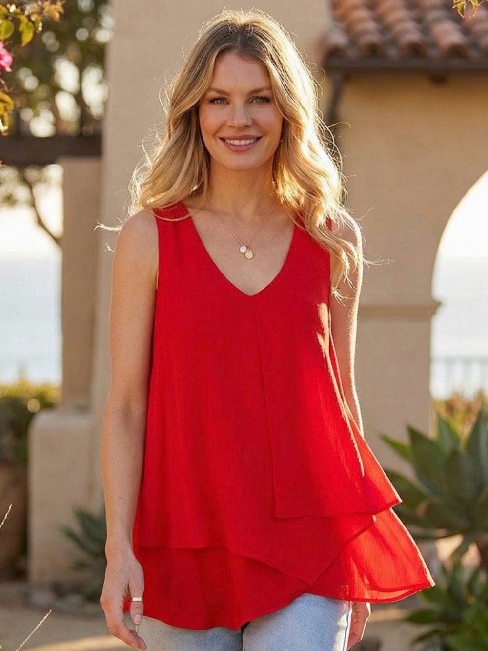 Karen Kane Red Layered V-Neck Sleeveless Top